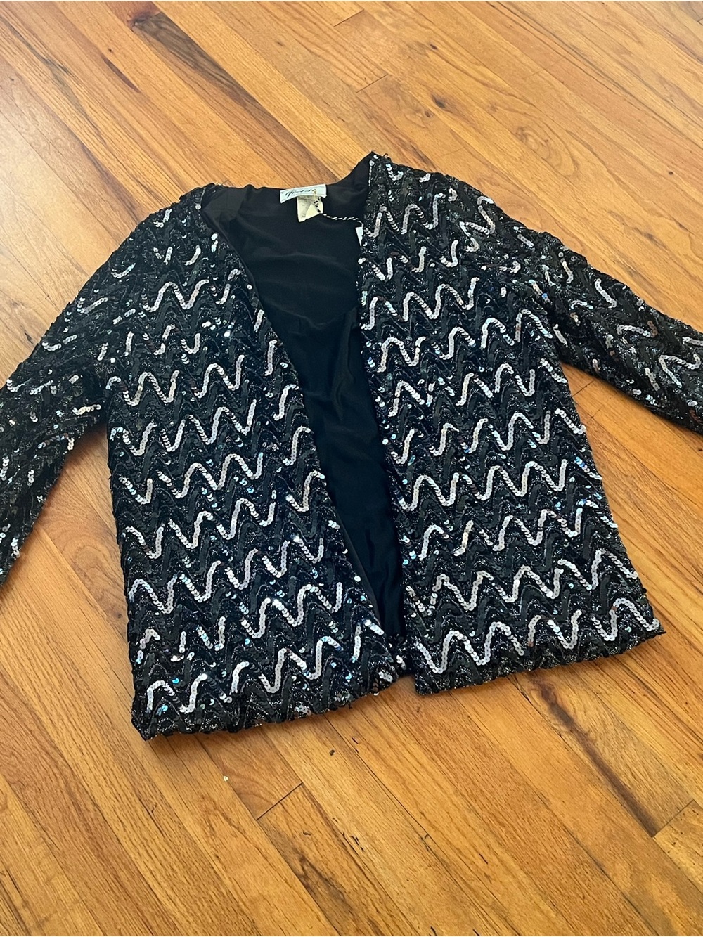 Vintage Black Sequin Open-Front Blazer with Silver Wave Detail